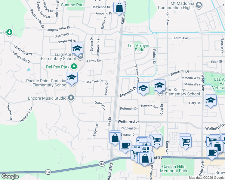 map of restaurants, bars, coffee shops, grocery stores, and more near 1204 Sycamore Court in Gilroy