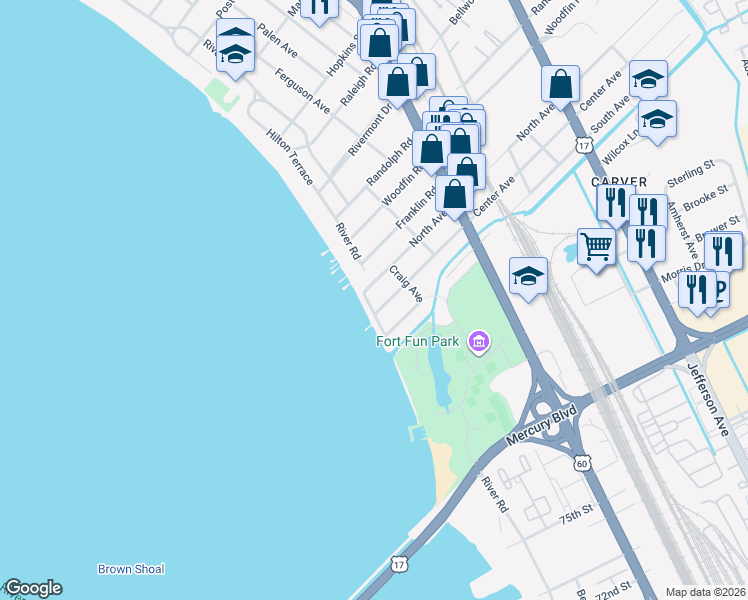 map of restaurants, bars, coffee shops, grocery stores, and more near 9506 River Road in Newport News