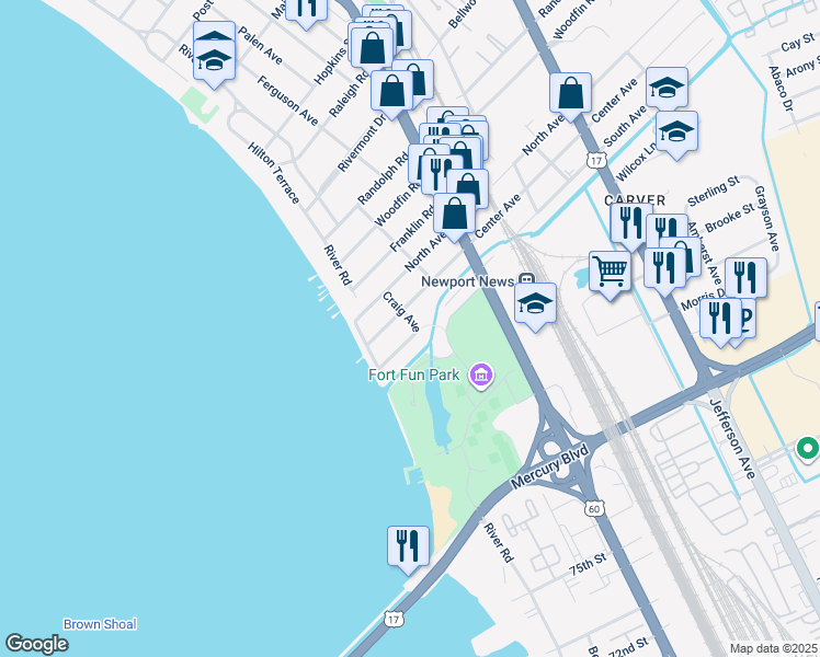map of restaurants, bars, coffee shops, grocery stores, and more near 139 South Avenue in Newport News