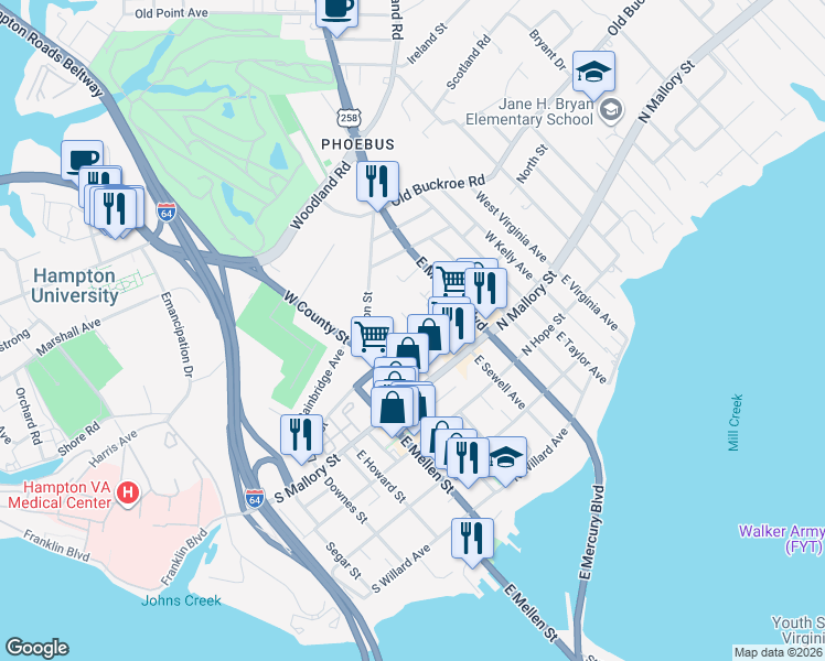 map of restaurants, bars, coffee shops, grocery stores, and more near 7 West Sewell Avenue in Hampton