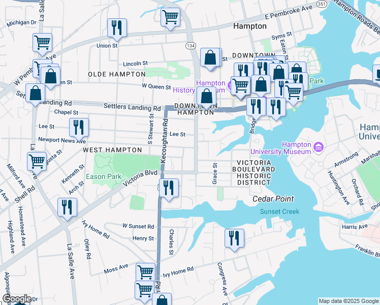 map of restaurants, bars, coffee shops, grocery stores, and more near 406 South Armistead Avenue in Hampton