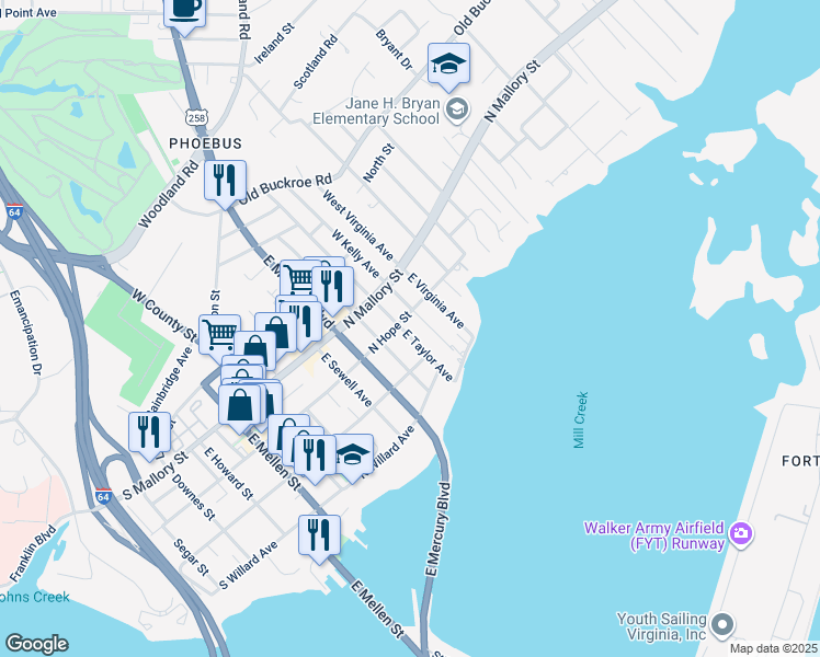 map of restaurants, bars, coffee shops, grocery stores, and more near 103 East Taylor Avenue in Hampton