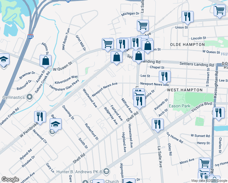 map of restaurants, bars, coffee shops, grocery stores, and more near 811 Judy Court in Hampton