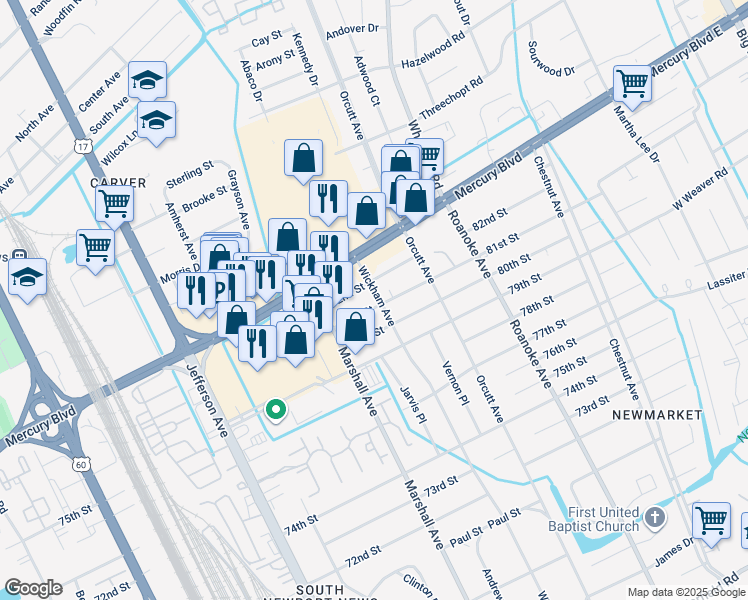 map of restaurants, bars, coffee shops, grocery stores, and more near 8101 Wickham Avenue in Newport News