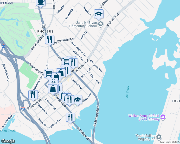 map of restaurants, bars, coffee shops, grocery stores, and more near 103 East Taylor Avenue in Hampton