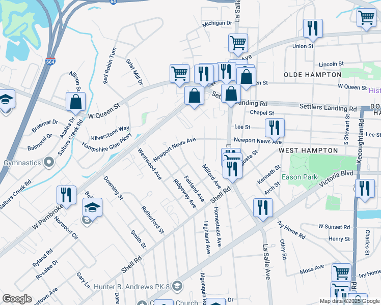 map of restaurants, bars, coffee shops, grocery stores, and more near 811 Judy Court in Hampton
