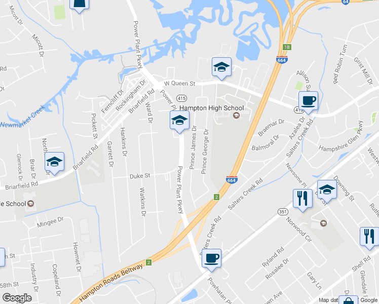 map of restaurants, bars, coffee shops, grocery stores, and more near 114 Prince James Drive in Hampton