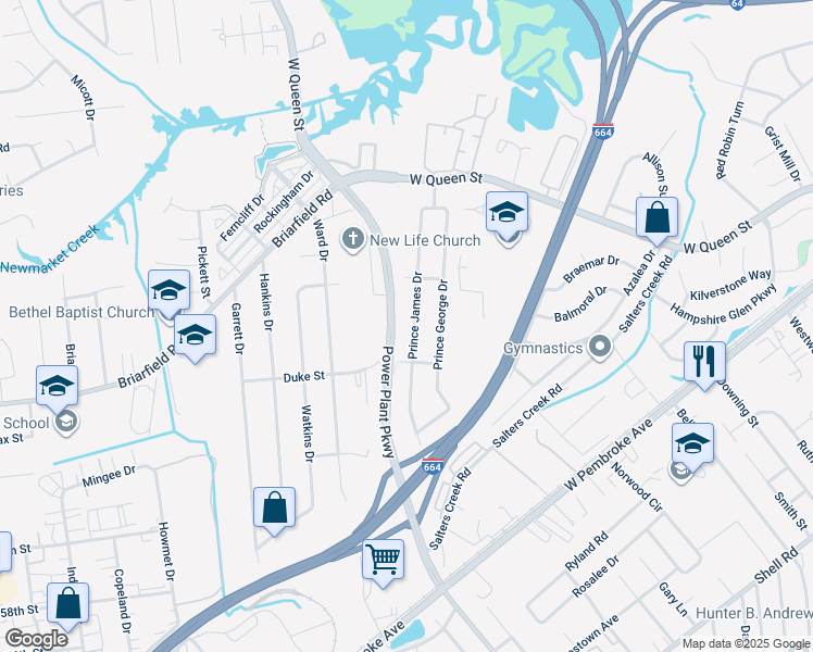 map of restaurants, bars, coffee shops, grocery stores, and more near 114 Prince James Drive in Hampton
