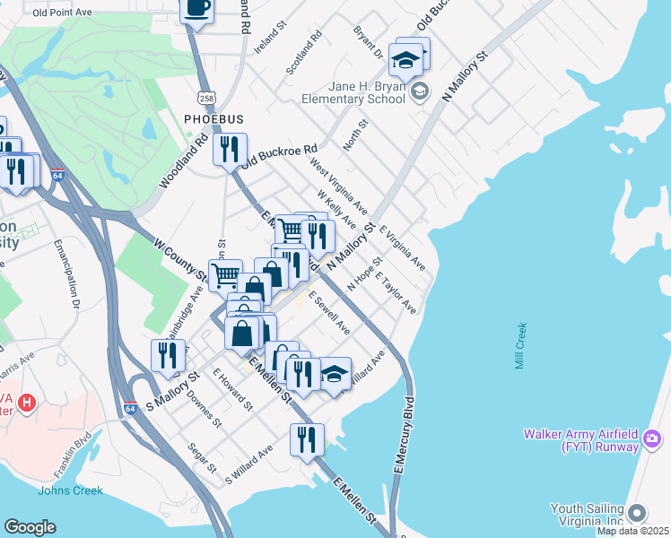 map of restaurants, bars, coffee shops, grocery stores, and more near 9 East Cummings Avenue in Hampton