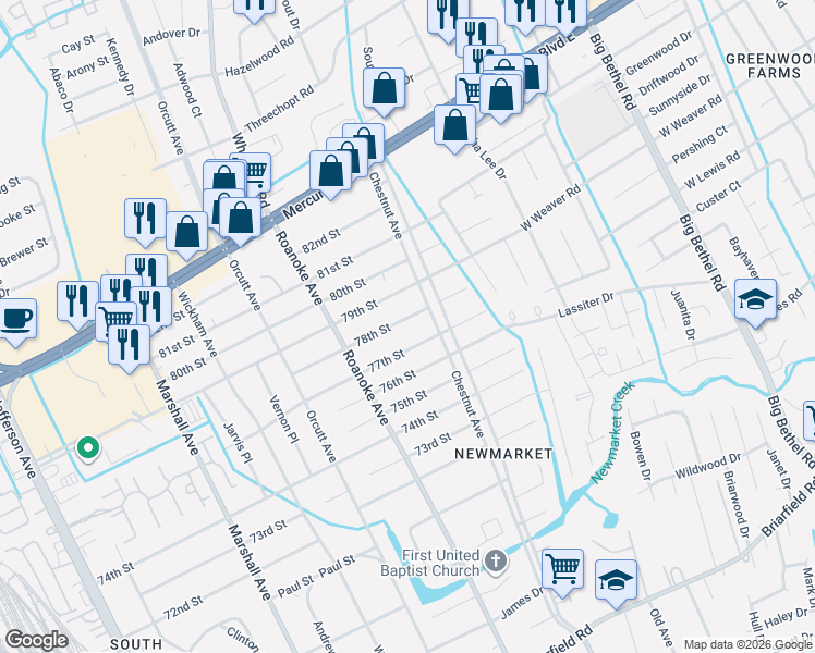 map of restaurants, bars, coffee shops, grocery stores, and more near 1124 78th Street in Newport News