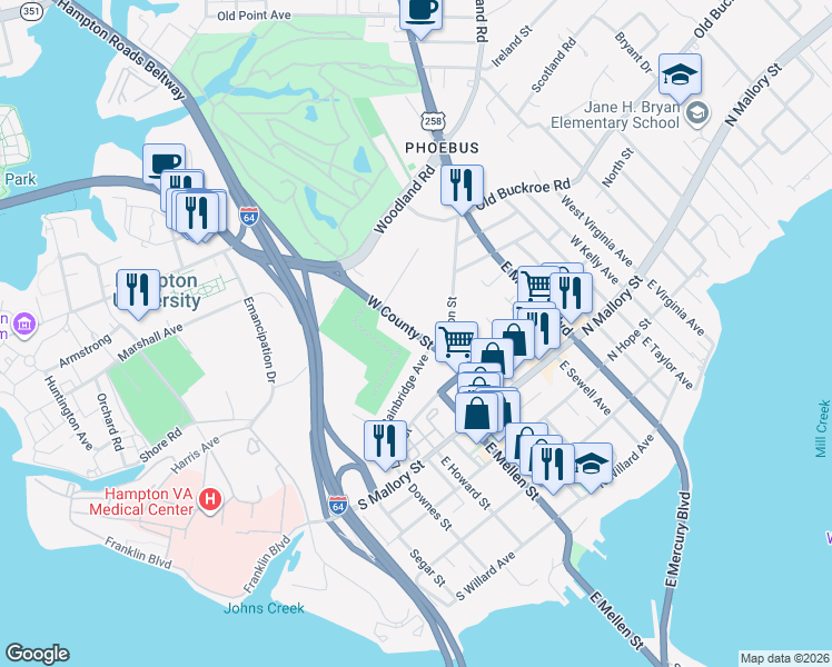map of restaurants, bars, coffee shops, grocery stores, and more near West County Street in Hampton