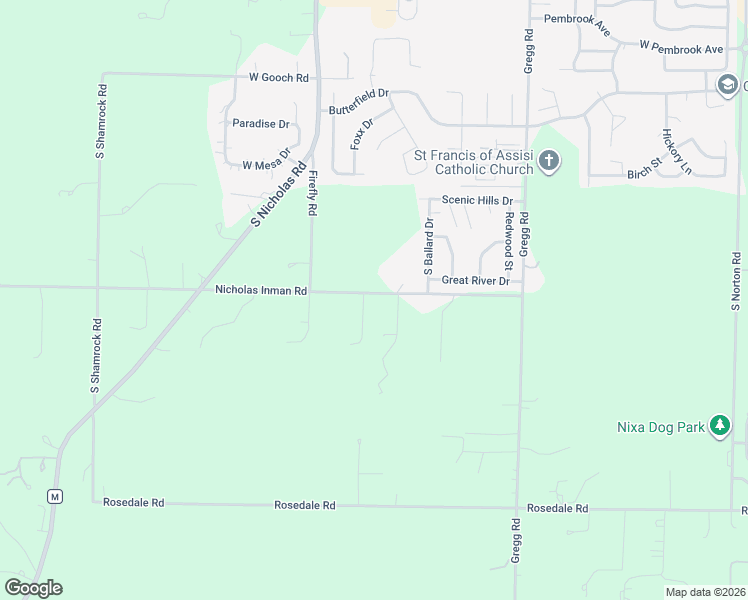map of restaurants, bars, coffee shops, grocery stores, and more near 1262 Nicholas Inman Road in Nixa