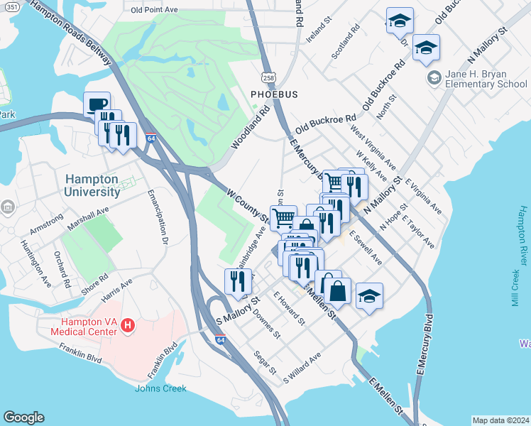 map of restaurants, bars, coffee shops, grocery stores, and more near 58 West County Street in Hampton