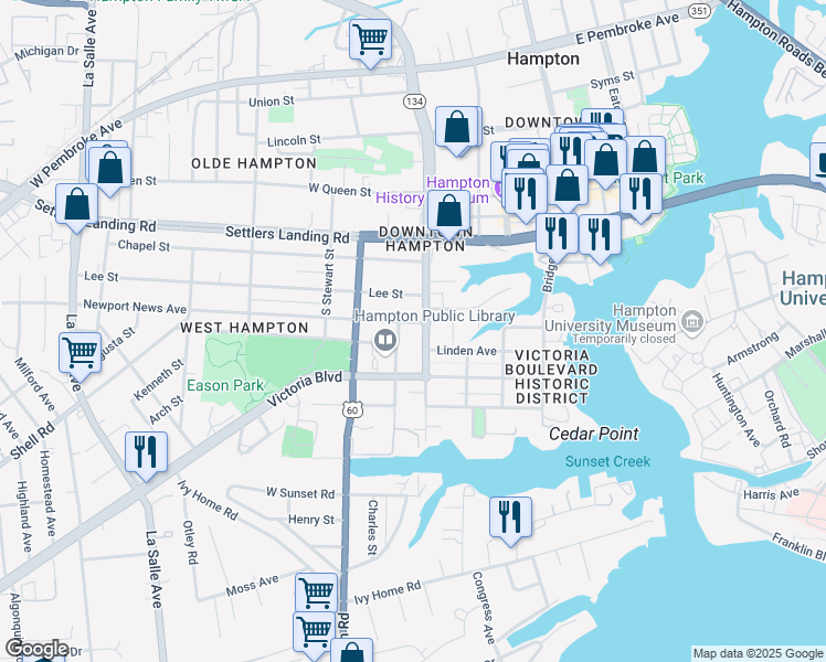 map of restaurants, bars, coffee shops, grocery stores, and more near 406 South Armistead Avenue in Hampton