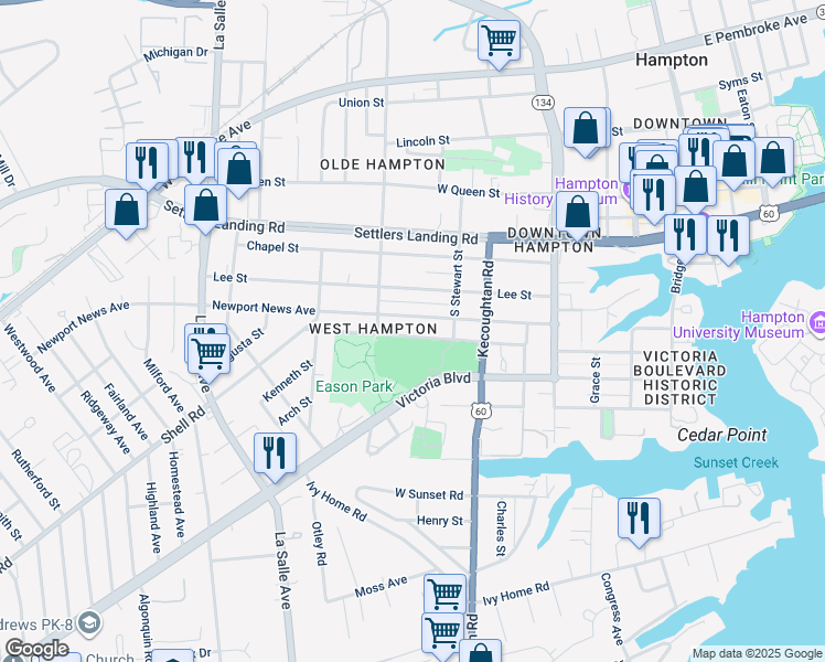 map of restaurants, bars, coffee shops, grocery stores, and more near 448 Thornette Street in Hampton