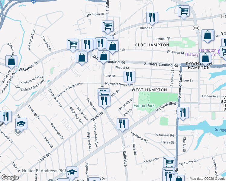 map of restaurants, bars, coffee shops, grocery stores, and more near 610 Worster Avenue in Hampton