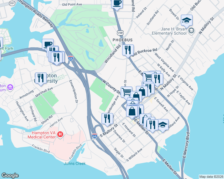 map of restaurants, bars, coffee shops, grocery stores, and more near 99 West County Street in Hampton