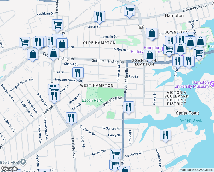 map of restaurants, bars, coffee shops, grocery stores, and more near 448 Thornette Street in Hampton