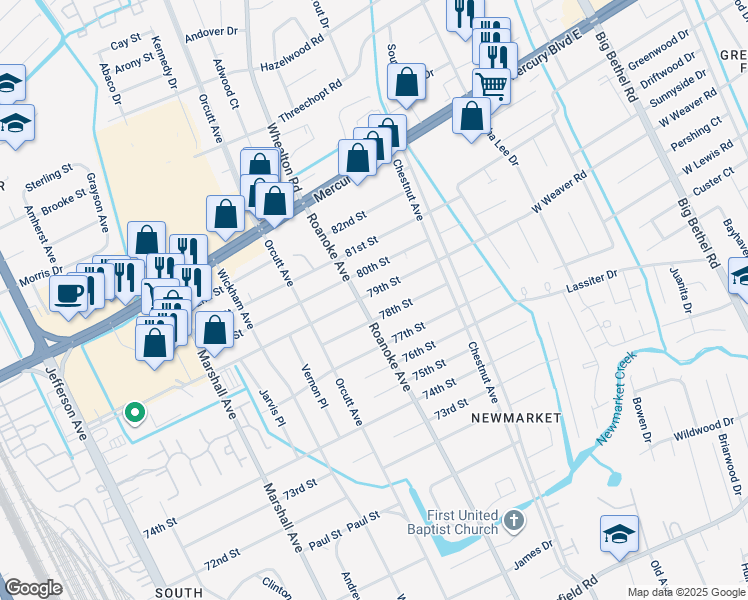 map of restaurants, bars, coffee shops, grocery stores, and more near 1102 79th Street in Newport News