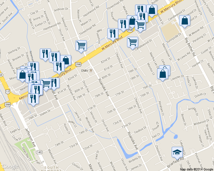 map of restaurants, bars, coffee shops, grocery stores, and more near 1102 79th Street in Newport News