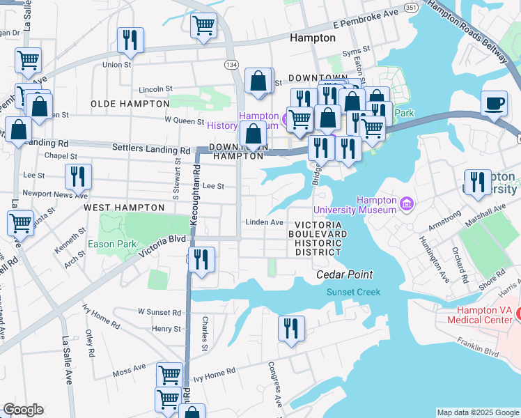 map of restaurants, bars, coffee shops, grocery stores, and more near 7 Acorn Street in Hampton