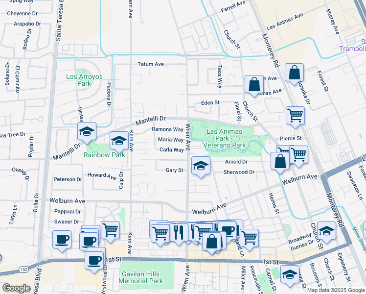 map of restaurants, bars, coffee shops, grocery stores, and more near 753 Carla Way in Gilroy