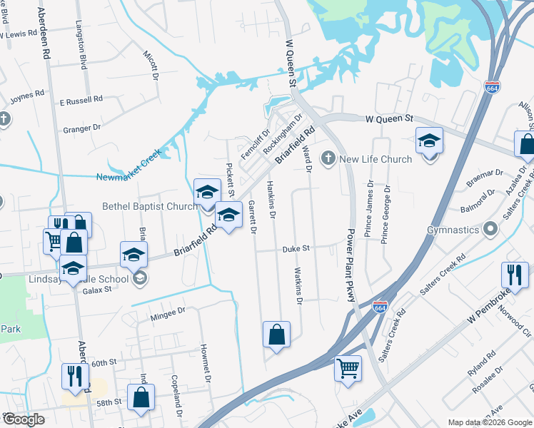 map of restaurants, bars, coffee shops, grocery stores, and more near 18 Hankins Drive in Hampton
