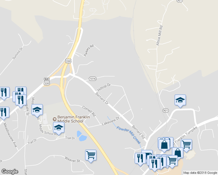 map of restaurants, bars, coffee shops, grocery stores, and more near 425 Hilltop Drive in Rocky Mount