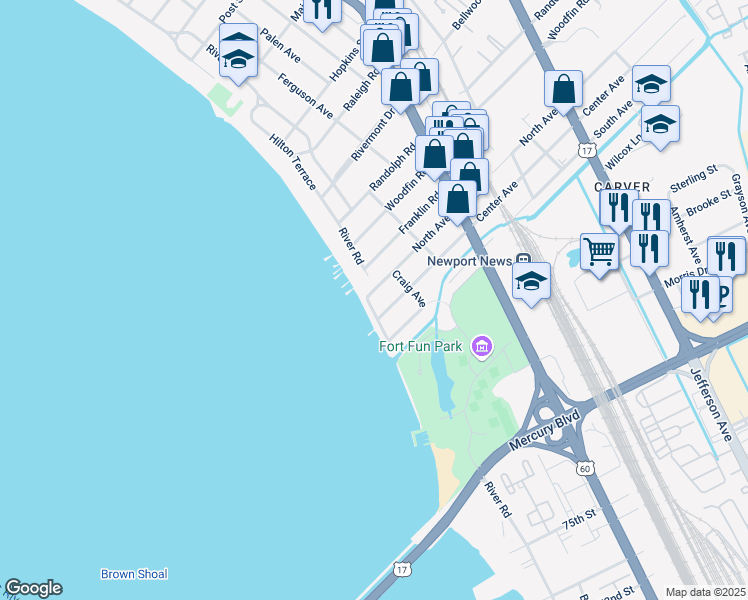 map of restaurants, bars, coffee shops, grocery stores, and more near 9506 River Road in Newport News