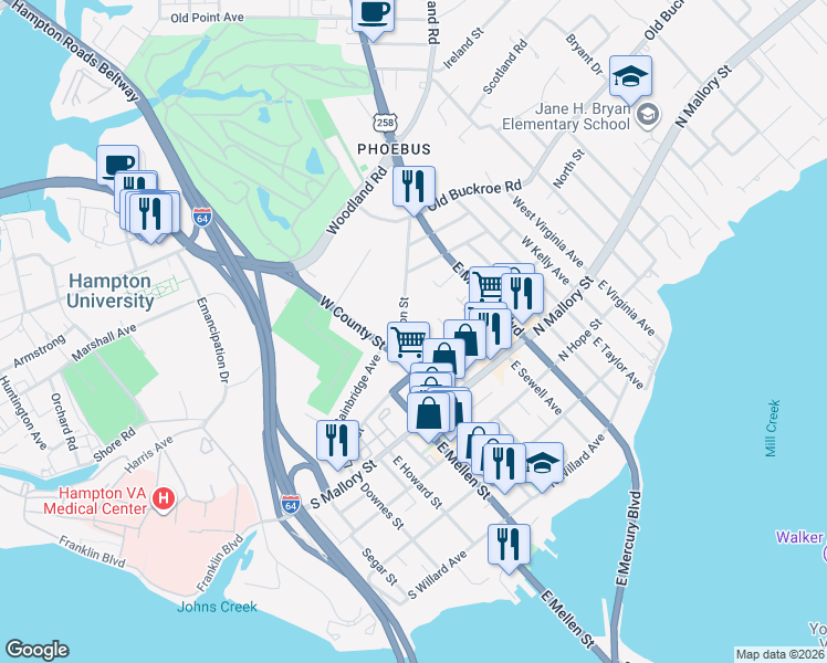 map of restaurants, bars, coffee shops, grocery stores, and more near 20 Fulton Street in Hampton