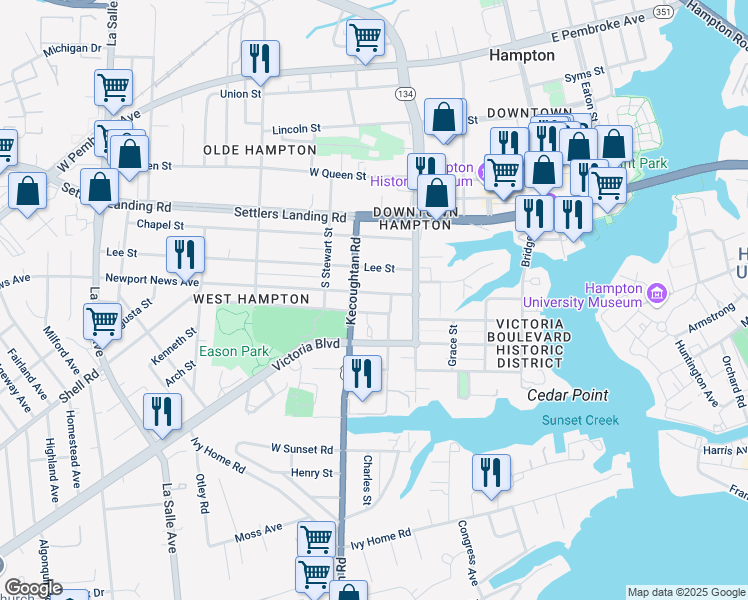 map of restaurants, bars, coffee shops, grocery stores, and more near 249 Newport News Avenue in Hampton