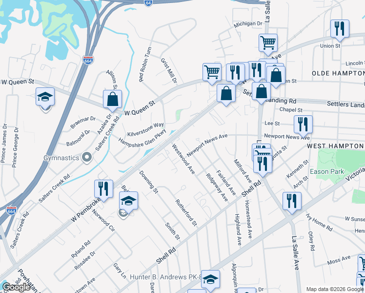 map of restaurants, bars, coffee shops, grocery stores, and more near 928 Westwood Avenue in Hampton