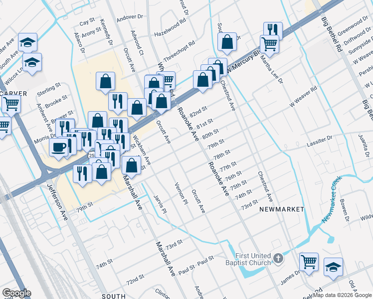 map of restaurants, bars, coffee shops, grocery stores, and more near 1008 80th Street in Newport News