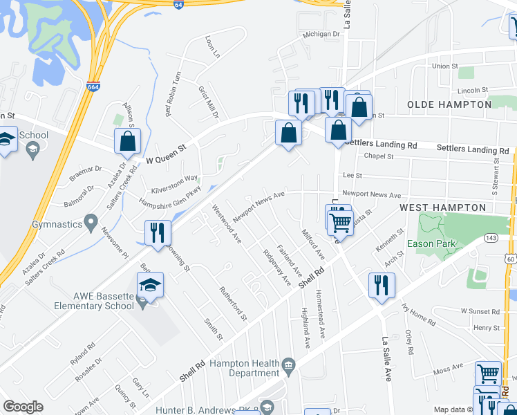 map of restaurants, bars, coffee shops, grocery stores, and more near 905 Newport News Avenue in Hampton