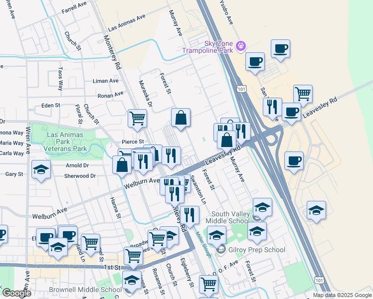 map of restaurants, bars, coffee shops, grocery stores, and more near 8475 Forest Street in Gilroy