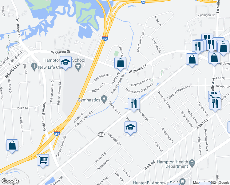 map of restaurants, bars, coffee shops, grocery stores, and more near 42 Ravenscroft Lane in Hampton