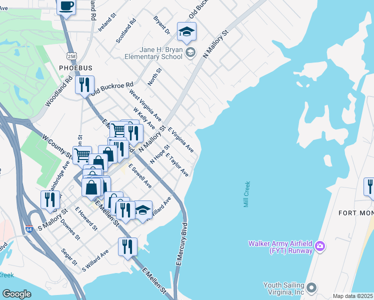map of restaurants, bars, coffee shops, grocery stores, and more near 124 East Virginia Avenue in Hampton