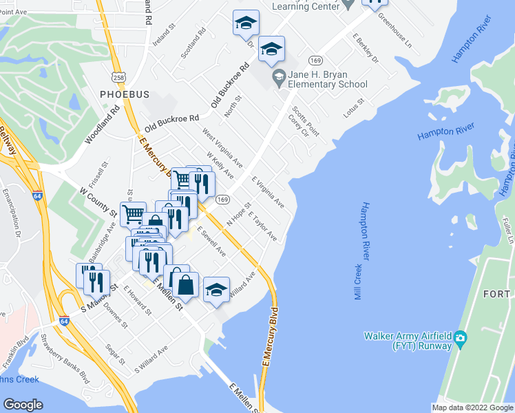 map of restaurants, bars, coffee shops, grocery stores, and more near 108 East Kelly Avenue in Hampton