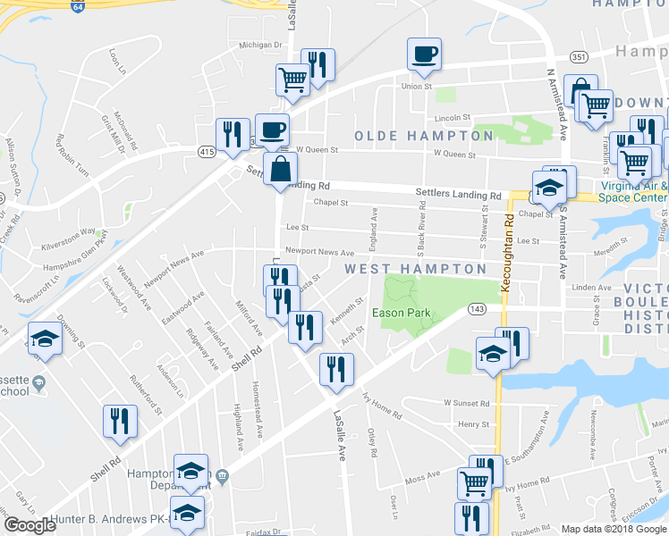 map of restaurants, bars, coffee shops, grocery stores, and more near 621 Augusta Street in Hampton
