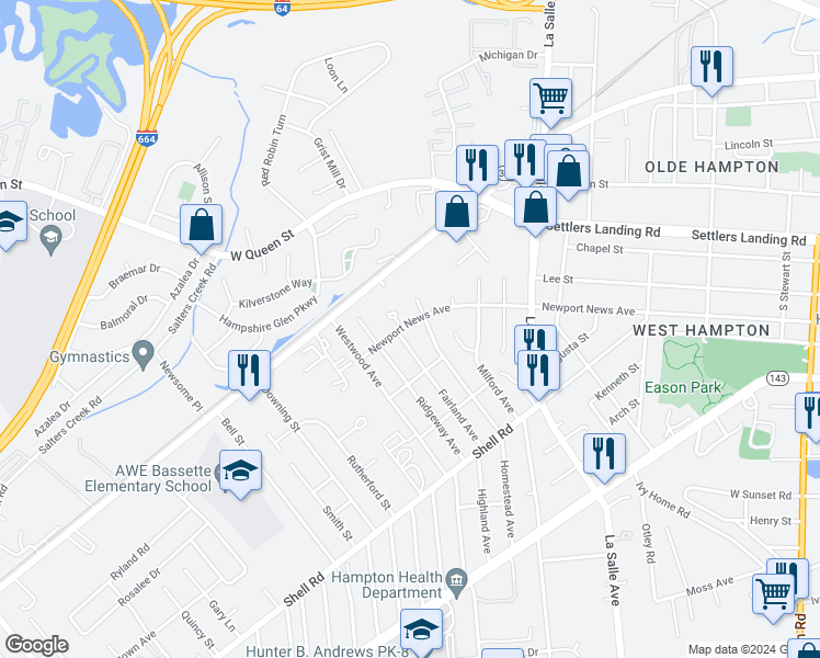 map of restaurants, bars, coffee shops, grocery stores, and more near 905 Newport News Avenue in Hampton