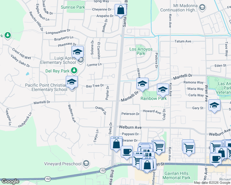 map of restaurants, bars, coffee shops, grocery stores, and more near 1204 Sycamore Ct in Gilroy