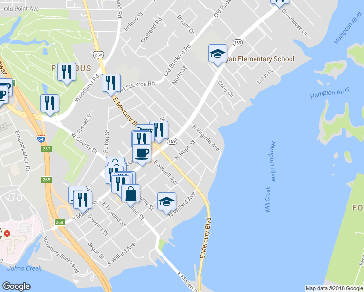 map of restaurants, bars, coffee shops, grocery stores, and more near 28 East Taylor Avenue in Hampton