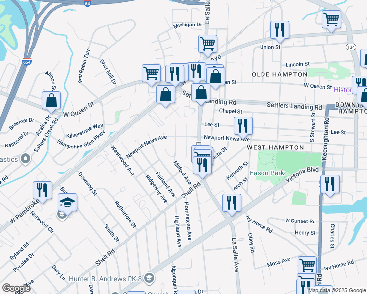 map of restaurants, bars, coffee shops, grocery stores, and more near 711 South Fallon Court in Hampton