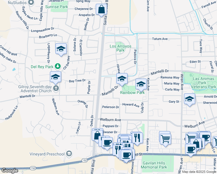 map of restaurants, bars, coffee shops, grocery stores, and more near 8831 Zinnia Street in Gilroy