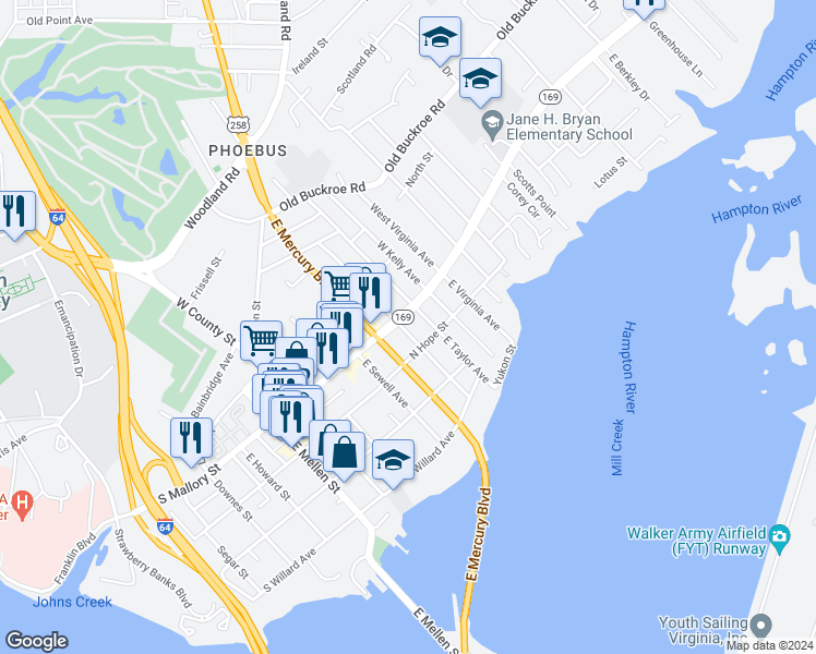 map of restaurants, bars, coffee shops, grocery stores, and more near 9 East Cummings Avenue in Hampton