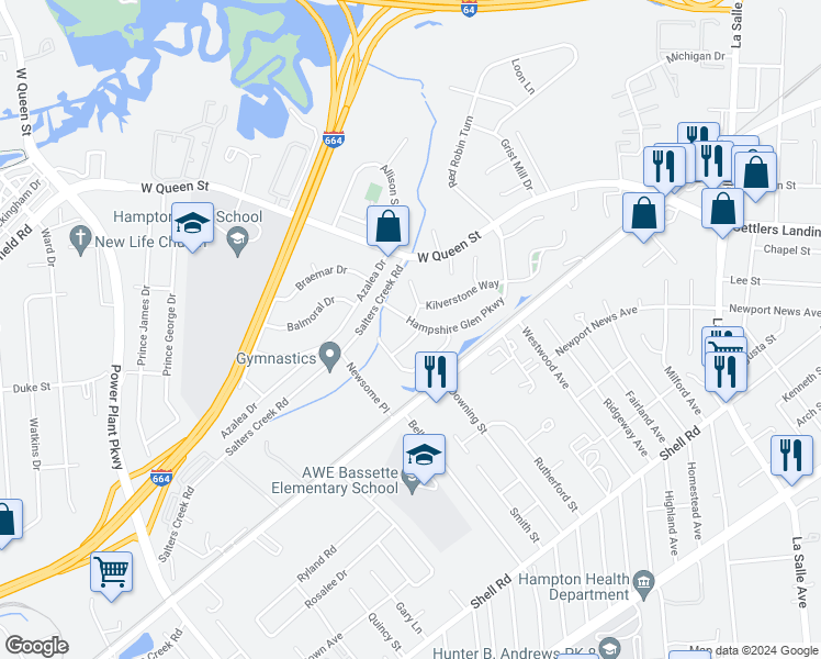 map of restaurants, bars, coffee shops, grocery stores, and more near 13 Hampshire Glen Parkway in Hampton