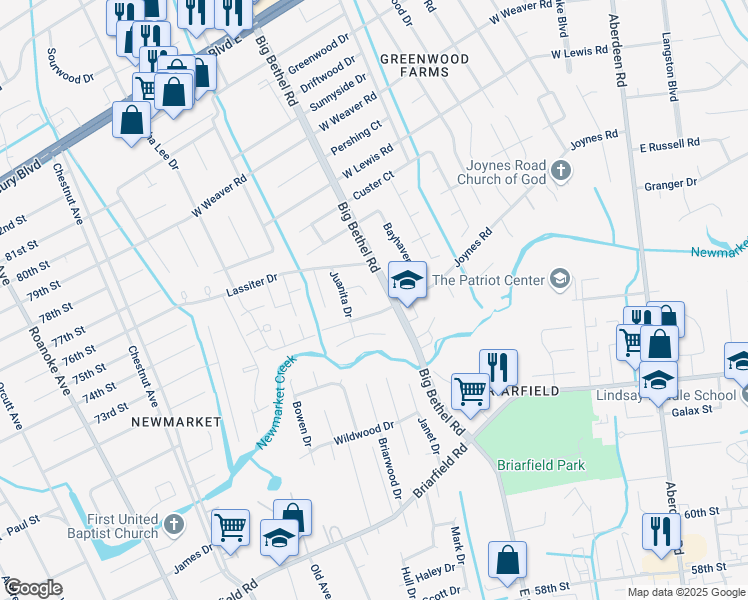 map of restaurants, bars, coffee shops, grocery stores, and more near 15 Harland Court in Hampton
