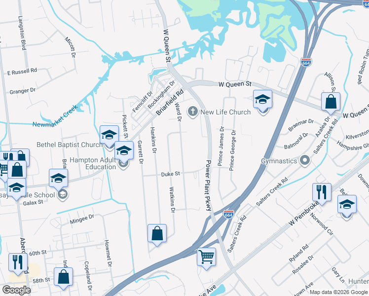 map of restaurants, bars, coffee shops, grocery stores, and more near 109 Ward Drive in Hampton