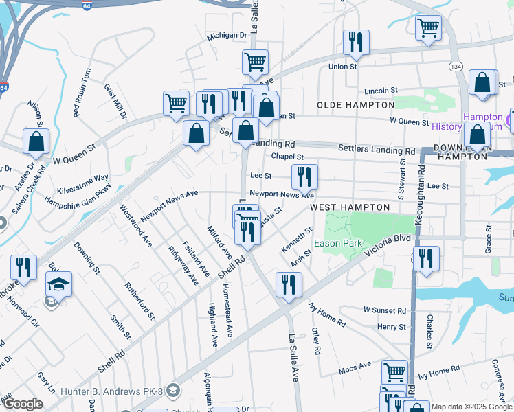 map of restaurants, bars, coffee shops, grocery stores, and more near 700 Ida Street in Hampton