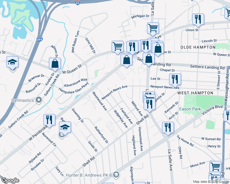 map of restaurants, bars, coffee shops, grocery stores, and more near 903 Newport News Avenue in Hampton